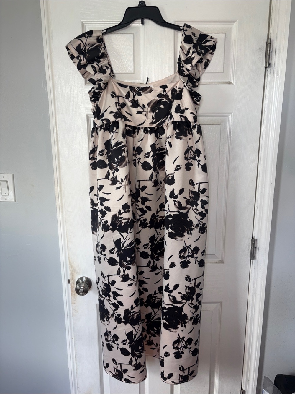 Cream and Black Floral Ruffle-Off Shoulder Formal Dress